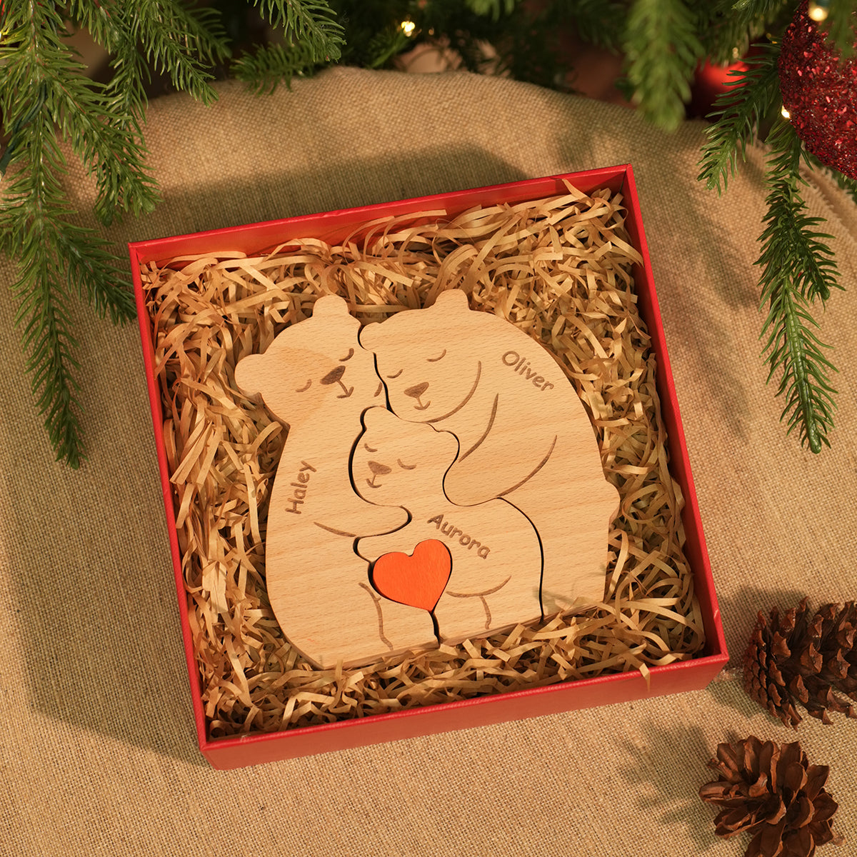 Family Personalized Custom Bear Shaped Wooden Art Puzzle - Wooden Bear Carvings, Carved Wood Decor - Gift For Family Members