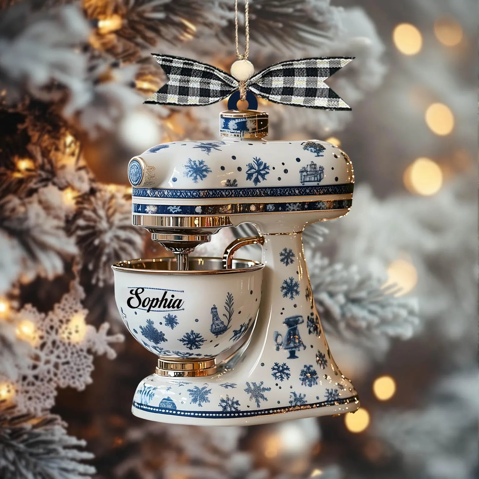 Personalized Kitchen Mixer Ornament, 2D Blue Snowflake Christmas Tree Decoration