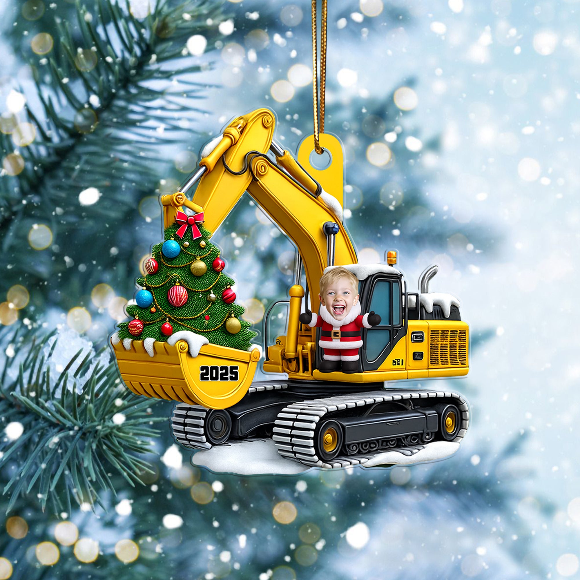 Personalized Xmas Excavator Construction Backhoe Kid Photo Ornament, 3D Effect Xmas Gift For Kids
