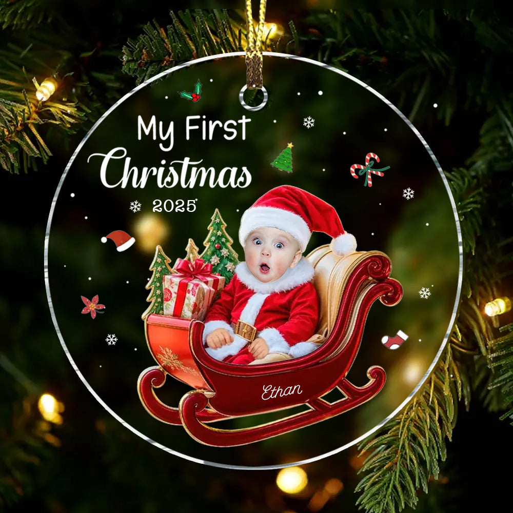 Personalized Baby 1st Christmas Custom Photo Adorable Little Santa Acrylic Circle Ornament