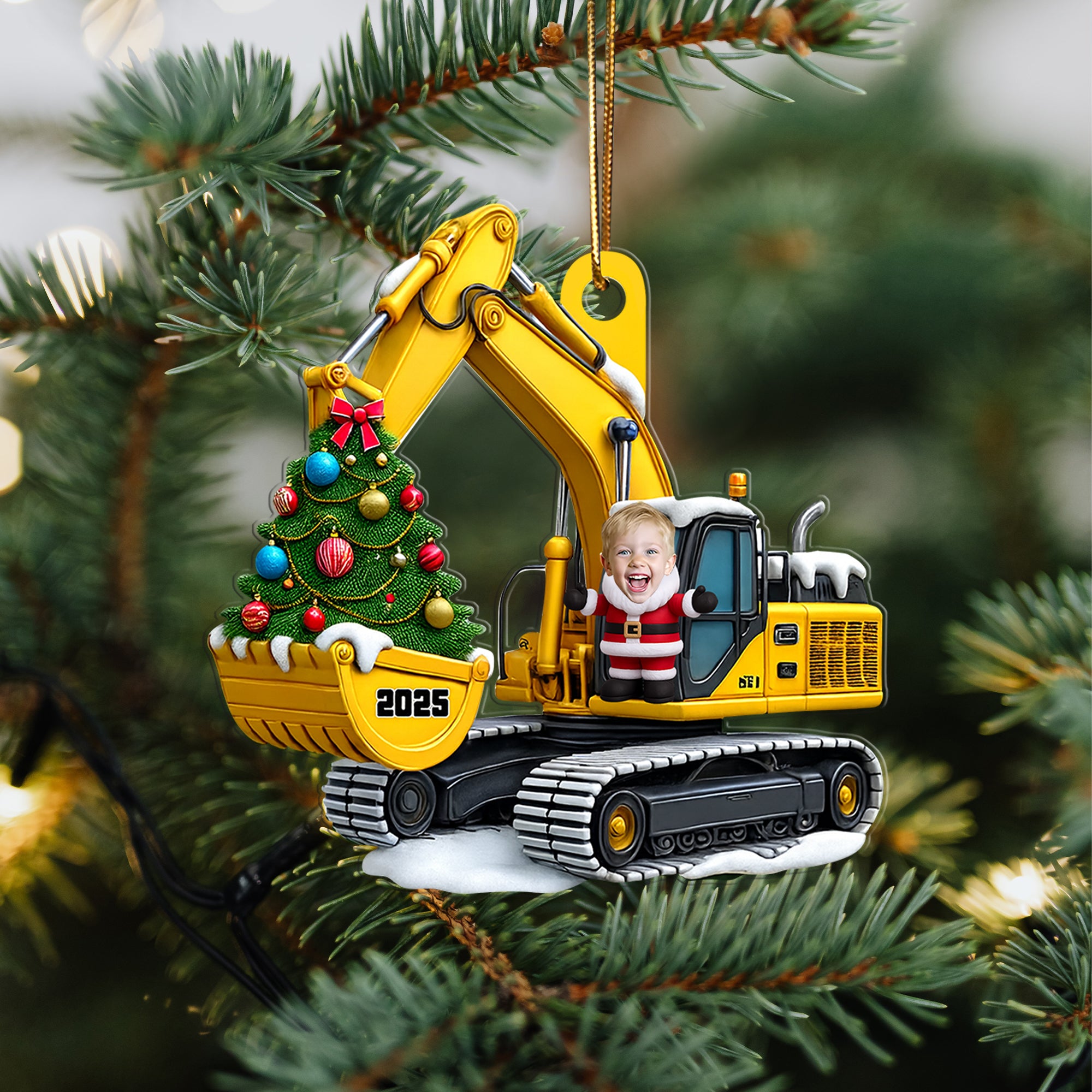 Personalized Xmas Excavator Construction Backhoe Kid Photo Ornament, 3D Effect Xmas Gift For Kids