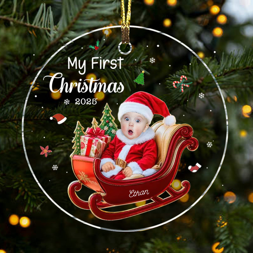 Personalized Baby 1st Christmas Custom Photo Adorable Little Santa Acrylic Circle Ornament