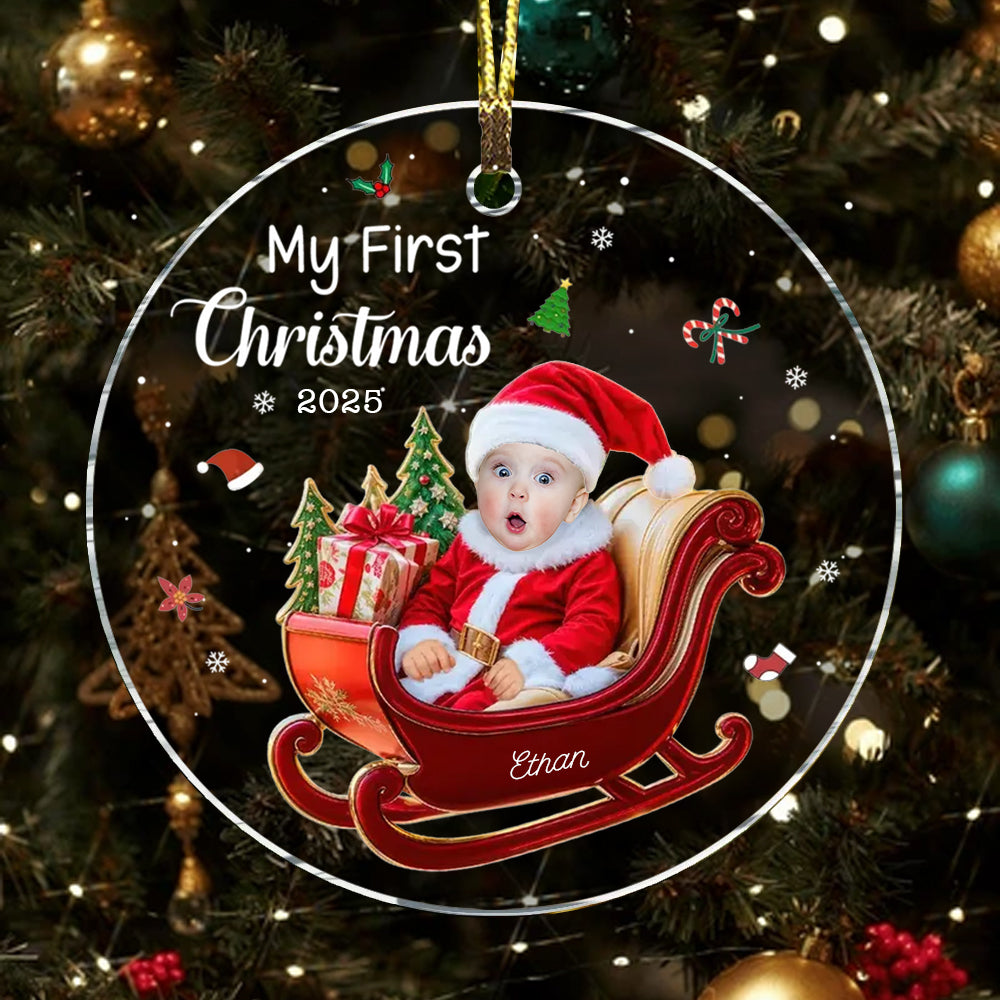 Personalized Baby 1st Christmas Custom Photo Adorable Little Santa Acrylic Circle Ornament