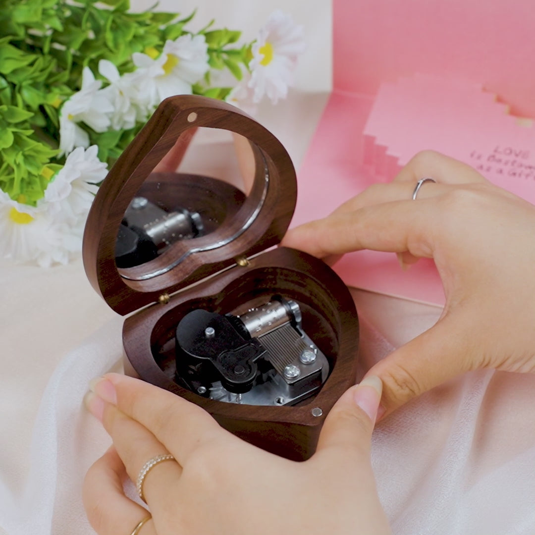 Personalized Music Box with a Custom Metal Melody Mechanism, Wooden Heart Music Box