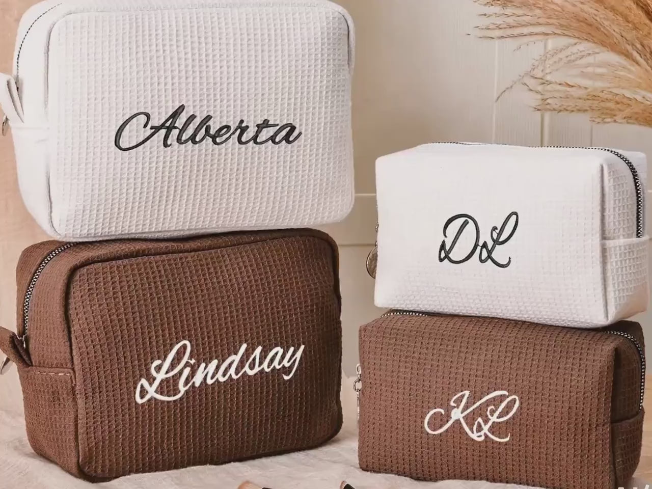 Personalized Name Waffle Cosmetic Bag, Embroidered Monogram Makeup Bag, Bridesmaid Makeup Bag