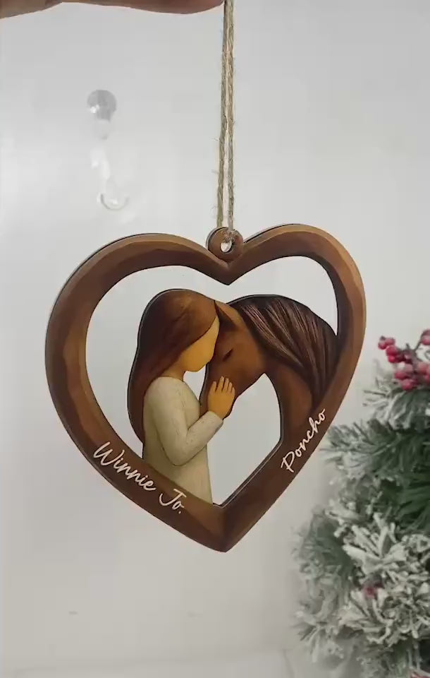 Personalized Horse and Girl Heart 2 layered Wooden Ornament, Carving Horse Lover Acrylic - Wooden Ornament, Gift for Women and Horse Owners